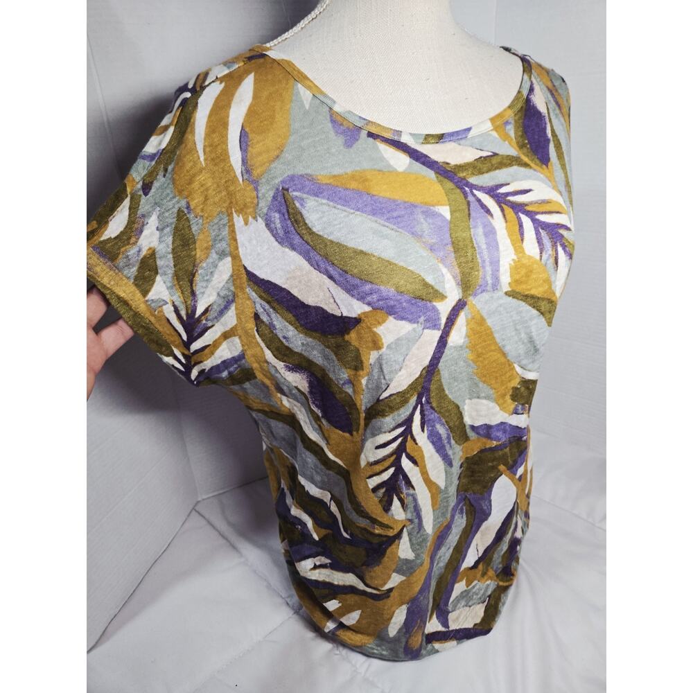 Rachel Zoe Coastal 100% Linen S Top Green Leaf Print V Neck Garden Relaxed Lux